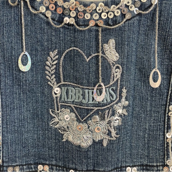 KBB JEANS Vintage 90s Dark Wash Denim Sequin Beaded Handmade Smocked Tank Top - Picture 4 of 11
